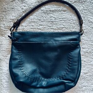 The Sak Shoulder Bag Blue Leather Purse, Brown Braided Rope Strap Preowned EUC